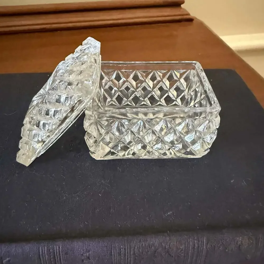 Vintage Cut Crystal Jewelry Trinket Box with Diamond Pattern